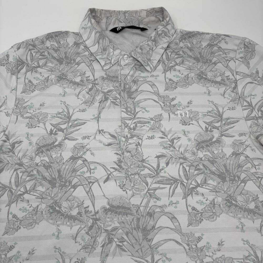 Travis Mathew Mens Medium White Gray Floral Pattern Short Sleeve Golf Polo Shirt